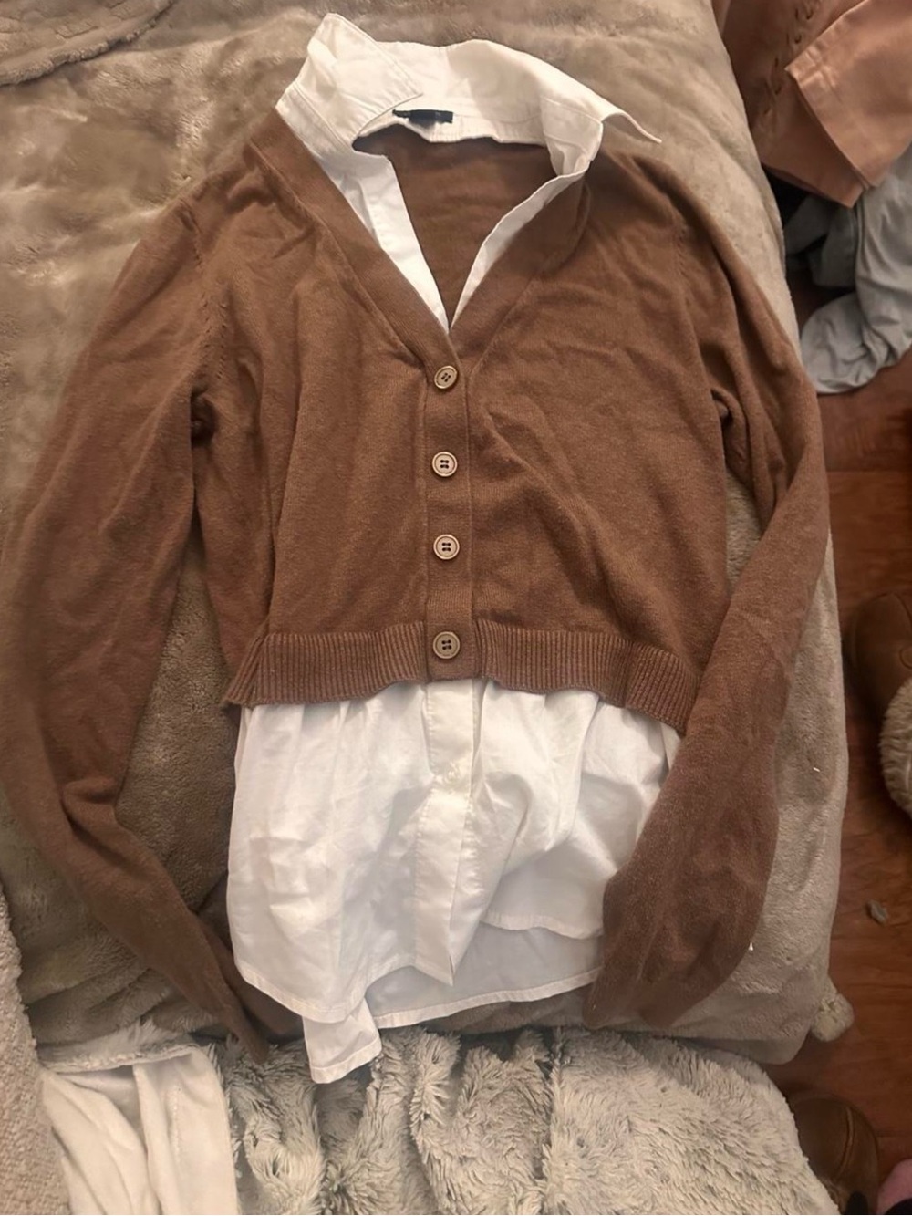 Brown collared cardigan white button up layered top